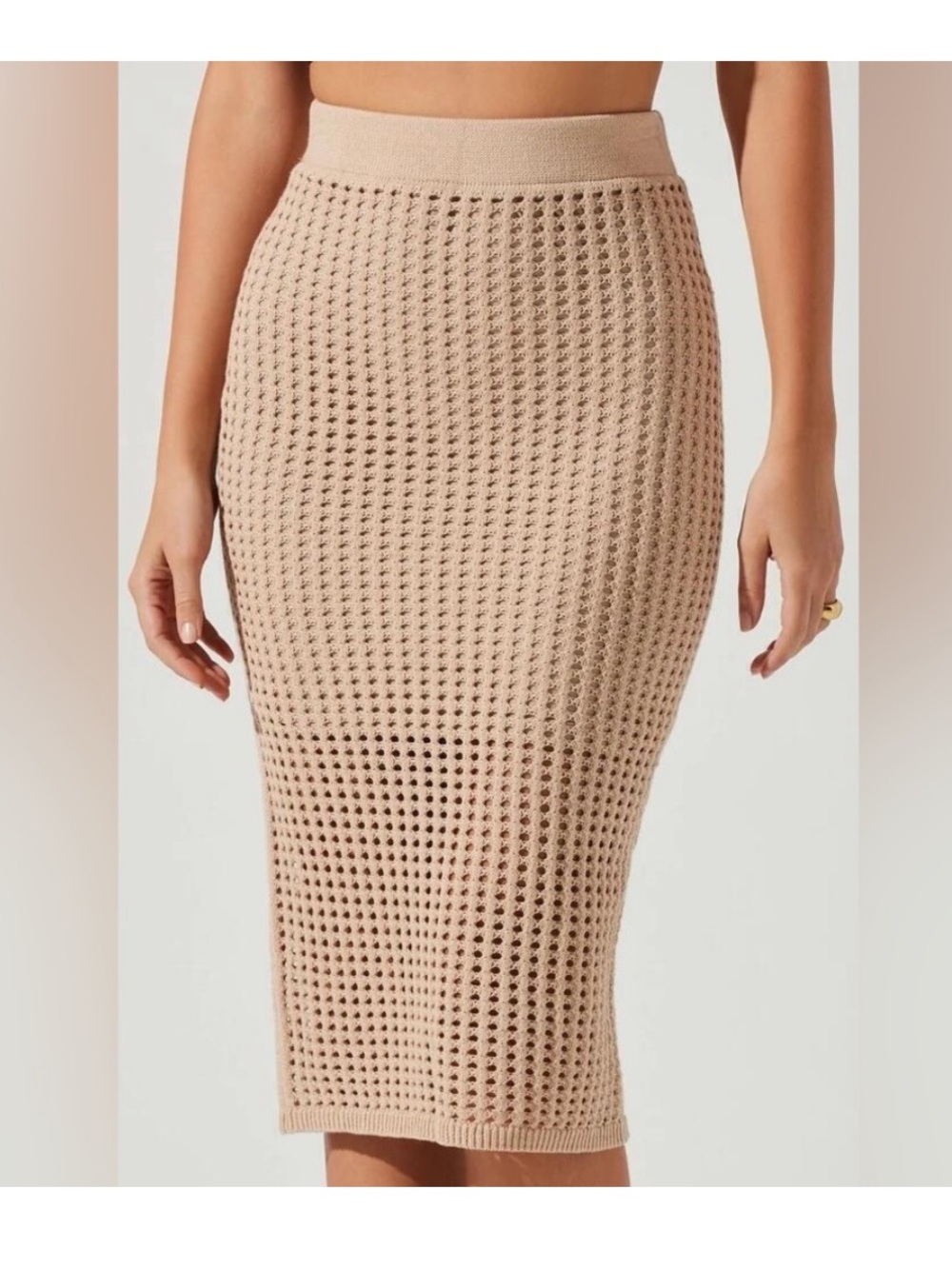 ASTR the Label Crochet Halsey Knit Midi Skirt in Beige/Camel